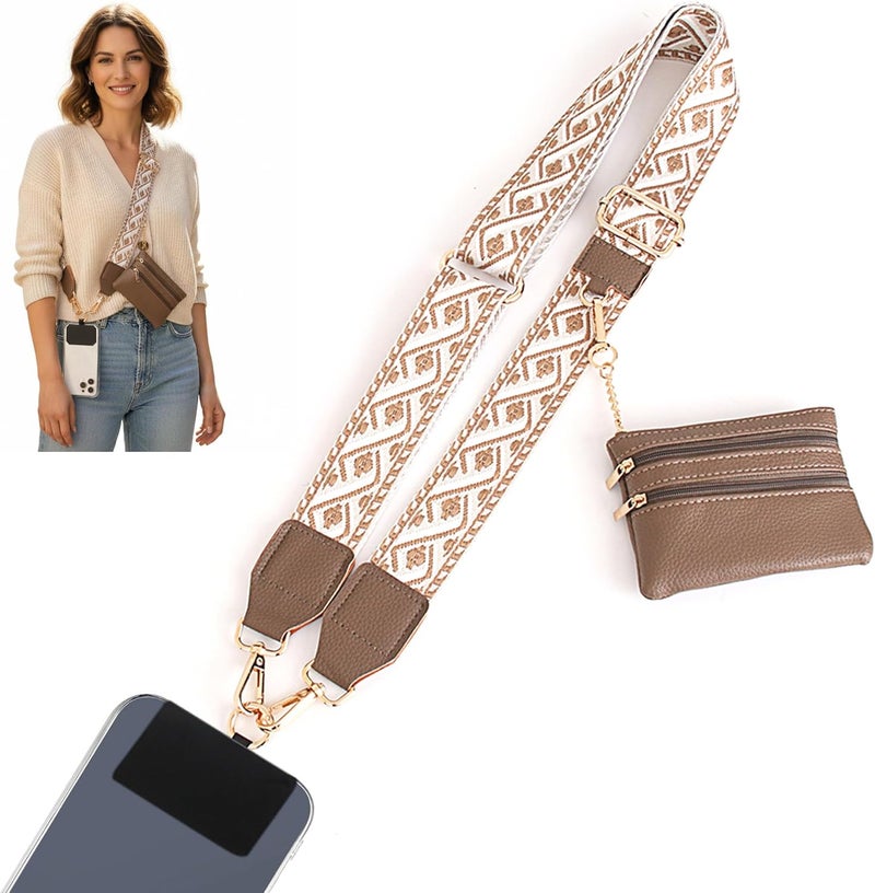 SCINYMC Clip and Go Strap for Phone with Wallet Crossbody, Phone Lanyard Crossbody with Zippered Pouch, Phone-Straps with Detachable Quilted Wrist Wallet for Women Gift, Dark Coffee - Image 1